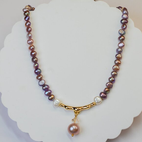 Natural Metallic Purple Pearl Necklace 18" Gold Plated Sterling Silver - Picture 8 of 10